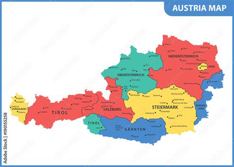 The detailed map of the Austria with regions or states and cities, capital Stock Vector | Adobe ...