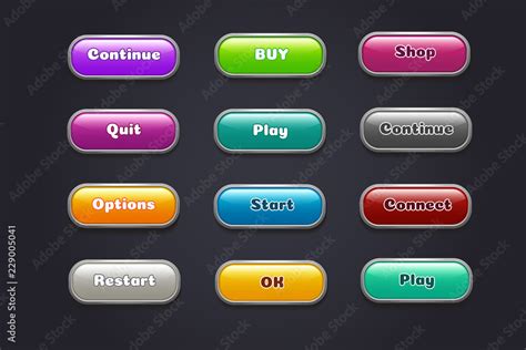 Cartoon buttons. Colorful video game ui elements. Restart and continue, start and play button ...