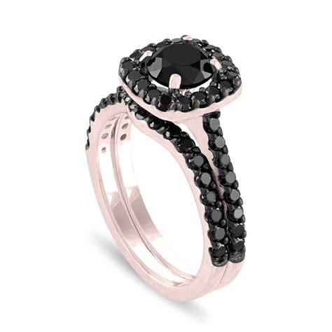 Black Diamond Engagement Ring Set, Wedding Ring Sets, Bridal Ring Sets, 14K Rose Gold 2.05 Carat ...