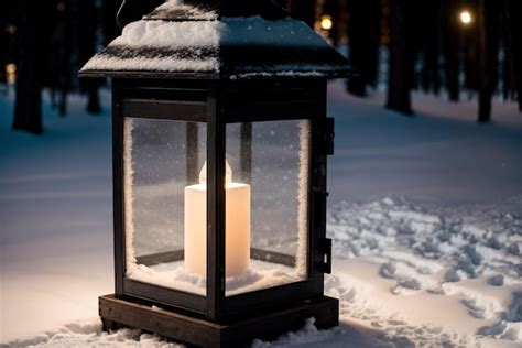 Premium AI Image | A lantern glowing in the night under the winter snow