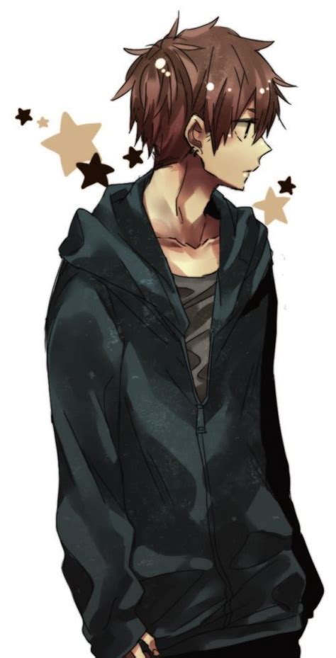 an anime boy with brown hair wearing a black hoodie and standing in front of stars