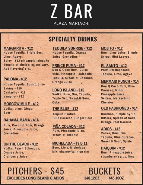 The Z-Bar Drink Menu - Plaza Mariachi - Full menu of beer, wine and spirits