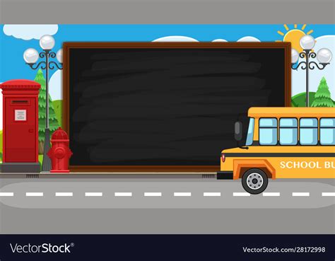 Border template with school bus on road Royalty Free Vector