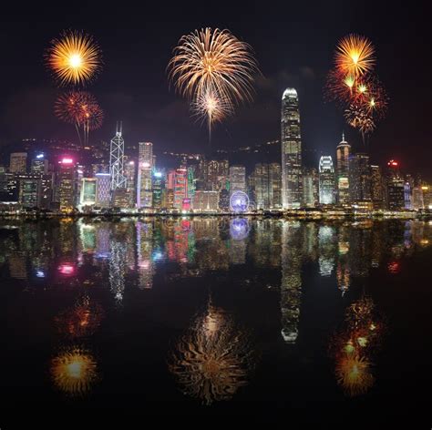 Fireworks Festival Over Hong Kong City with Water Reflection Stock ...