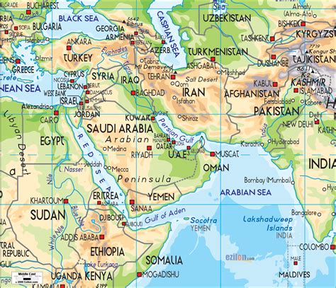 Physical Map of Middle East - Ezilon Maps | Middle east map, Map ...