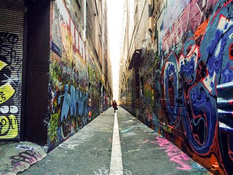 Graffiti-lined alleyway, Melbourne City Center, April 2015. Melbourne is known as a city of the ...