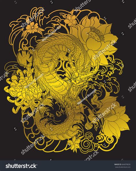 Gold Dragon Tattoo On Black Background: เวกเตอร์สต็อก (ปลอดค่าลิขสิทธิ์) 666878026