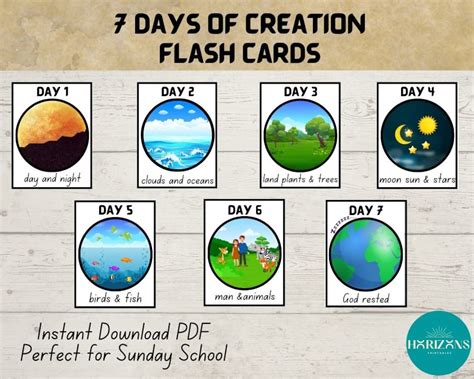 7 Days of Creation Flash Cards, Genesis, Bible Lesson for Kids, Homeschool Activities, Sunday ...