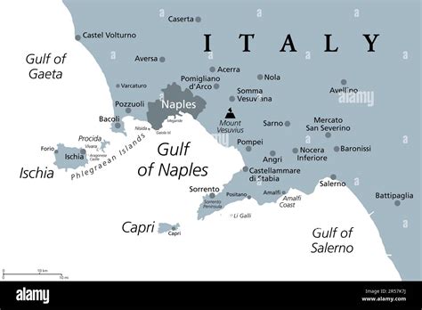 Gulf of Naples, gray political map. Bay of Naples, located along south-western coast of Italy ...