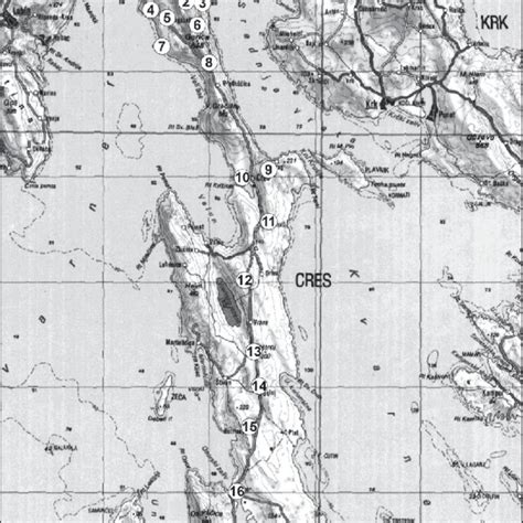 Map of surveyed localities on Cres Island. Sl. 1: Zemljevid vzorčenih... | Download Scientific ...