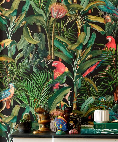 Tropical Wallpaper Rainforest Jungle Parrots Feature Wall | Etsy