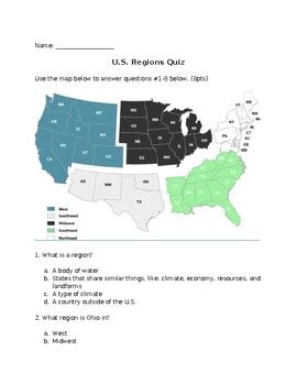 US Regions Quiz by Learning with Miss Lynch | TPT