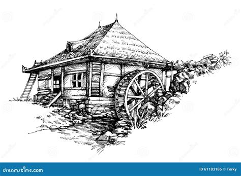 Watermill hand drawn stock vector. Illustration of countryside - 61183186