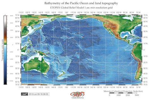 General bathymetric map of the seafloor of the Pacific Ocean, ETOPO1 ...