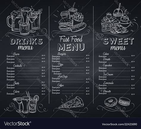 Template chalkboard menu cafe design. Banners with fast food, pastry and alcoholic. Engraving ...