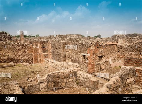 Pompeii ruins. Remains of ancient houses destroyed by eruption of Mount Vesuvius, Italy. Pompeii ...