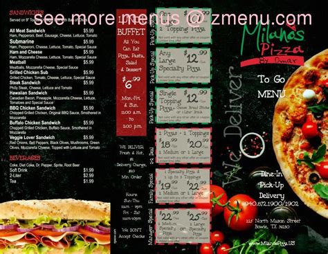 Online Menu of Milanos Pizza Restaurant, Bowie, Texas, 76230 - Zmenu