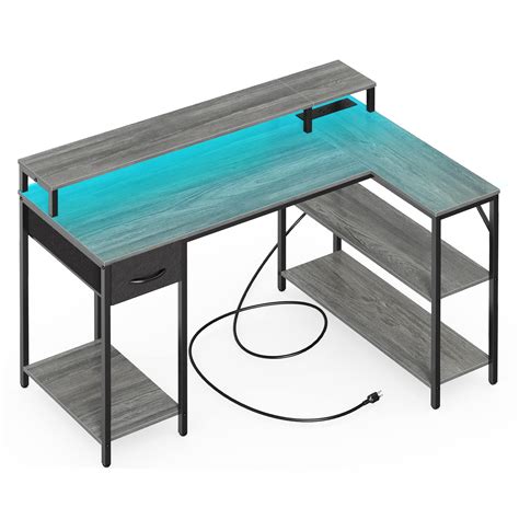 SUPERJARE L Shaped Gaming Desk with LED Lights & Power Outlets, Reversible Computer Desk with ...