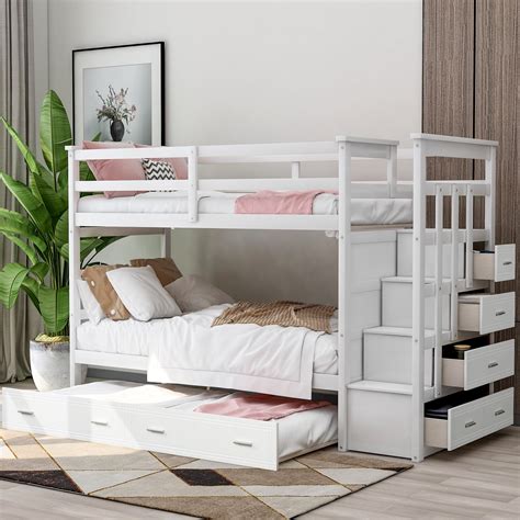 EUROCO Twin over Twin Bunk Bed with Trundle Storage Drawers, White - Walmart.com