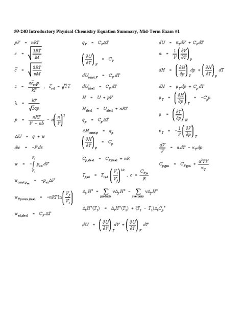 Physical Chemistry Equation Summary 1