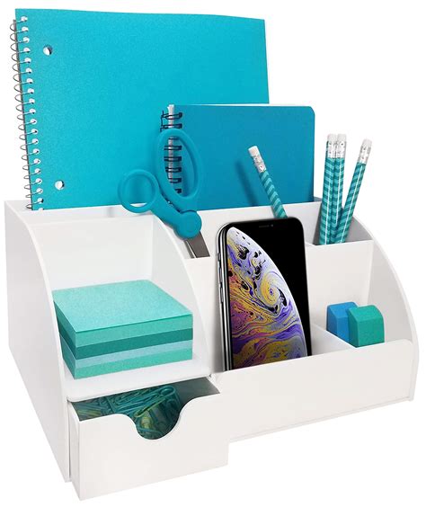 Blue Desk Organizer Office, Acrylic, with Drawer, 9 Compartments, All in One Office Supplies and ...