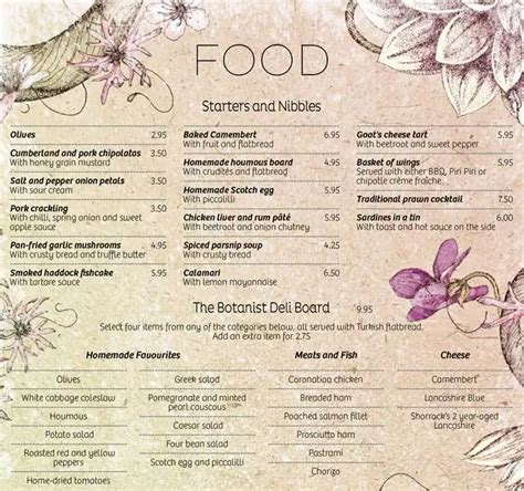 Menu at The Botanist restaurant, Manchester, Deansgate