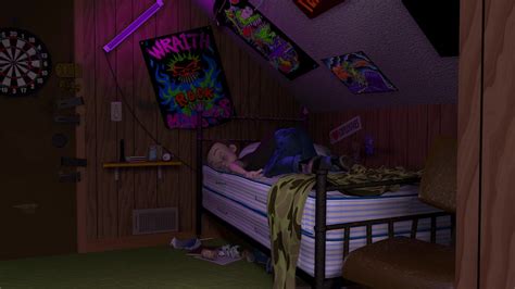 Another Sid's bedroom. dayglo posters would look good in a bluelit/screenlit space & bed is ...