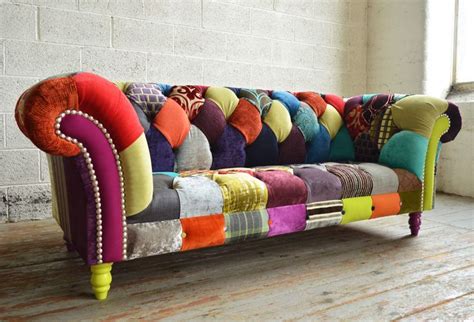 Modern British and handmade Walton Patchwork Chesterfield Sofa. Totally unique fabric 3 seater ...