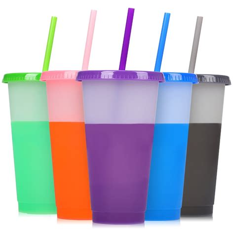 32 OZ Clear Reusable Plastic Cups, 5 Pack Plastic Tumblers with Lids and Straws, Color Changing ...