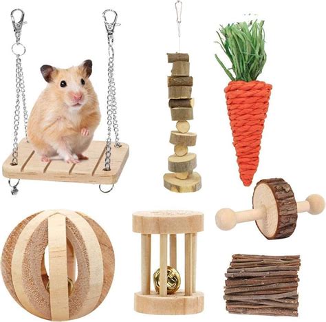 Fulfun Hamster Chew Toys, 7Pack Natural Wooden Pine Guinea Pigs Rats ...