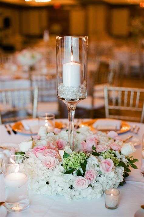 Pillar Candle and Blush Floral Wedding Reception Centerpieces