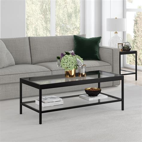 Modern Coffee Table with Open Shelf, Rectangular Table for Living Room in Blackened Bronze ...