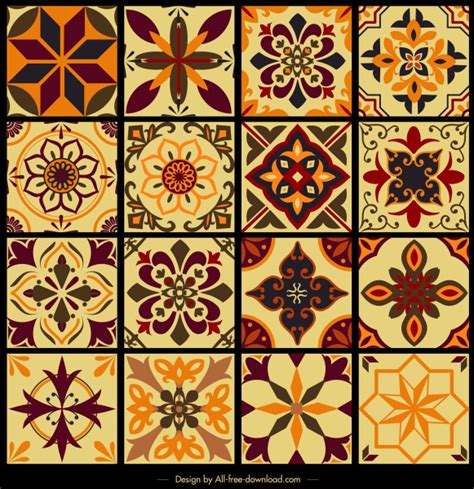 Tile pattern templates collection classical symmetric flora sketch Vectors graphic art designs ...