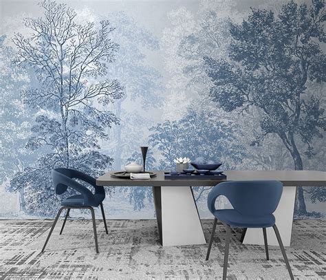 Blue Floral Trees Wallpaper Blue Forest Wallpaper Blue Trees - Etsy