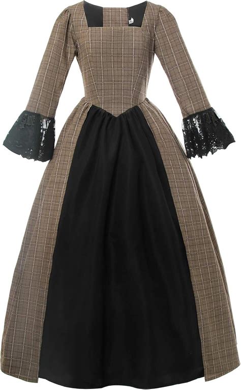 Nuoqi Pioneer Colonial Costume Dress 19th Civil War Lace Sleeves Plaid Prairie Costume: Amazon ...