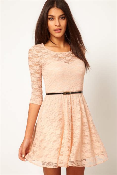 Sexy Peach Colored Mini Dress with 3/4 Sleeves and Lace Overlay