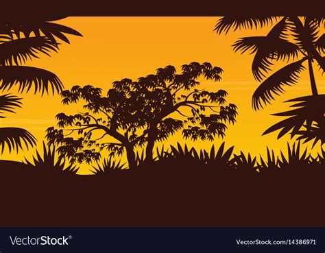 Jungle with tree and palm silhouette scenery Vector Image