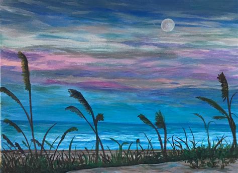 Moonlit beach Acrylic Painting Canvas, Moonlight, Draw, Beach, The ...