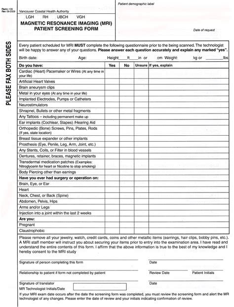 Vancouver Coastal Health Magnetic Resonance Imaging (MRI) Patient Screening Form & Contrast ...