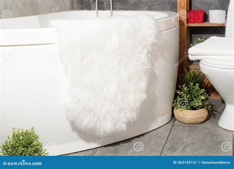 Fluffy White Rug in Ordinary Bathroom, Mockup Design Stock Image ...