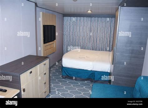 Miami, USA - April 29, 2022: The interior of cabin at cruise ship Oasis of the Seas owned Royal ...