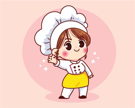 Cute chef girl smiling in uniform mascot gesturing ok sign cartoon art ...