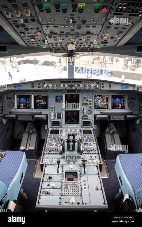 LE BOURGET PARIS - JUN 20, 2019: Cockpit view of the Airbus A330neo passenger plane on display ...