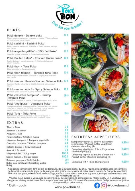 Menu at Poké Bon restaurant, Montréal