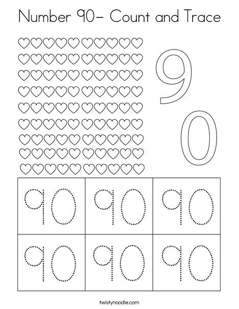 Number 90- Count and Trace Coloring Page - Twisty Noodle