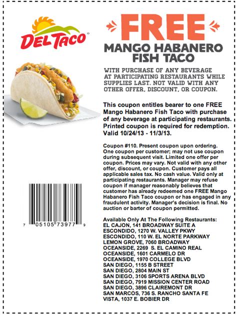 Del Taco: Free Fish Taco Printable Coupon