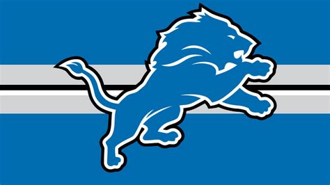 the detroit lions logo on a blue and white striped background with an image of a lion running