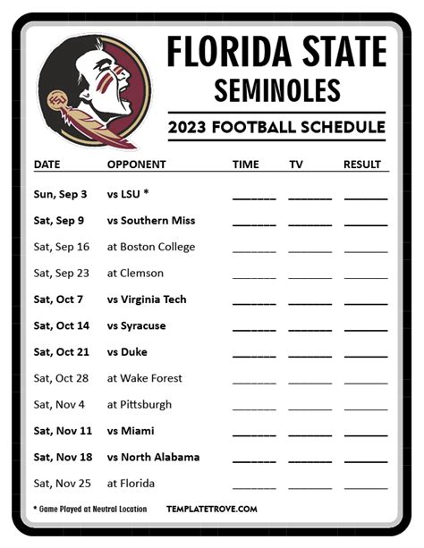 Printable 2023 Florida State Seminoles Football Schedule