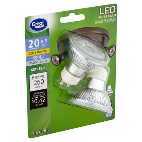 Great Value LED 3.5 Watts Soft White MR16 GU10 Base Bulbs, 2 count ...