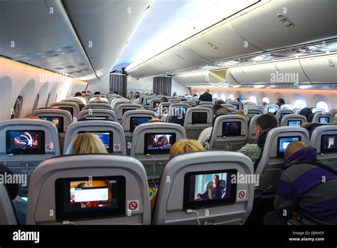 Interior of a Boeing 787 Dreamliner Thompson airways aircraft showing the individual passenger ...